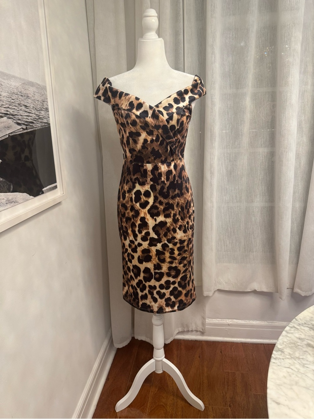 Leopard Print 60s Style Off-Shoulder Sheath Dress